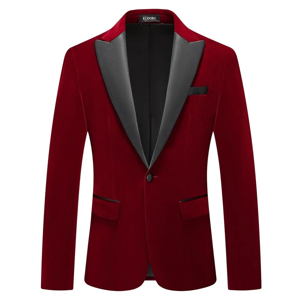 Men's Wine Red Velvet Blazer Slim Fit Suit Jacket Peaked Lapel One Button 3XL